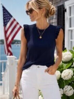 J. Crew Navy Rib Ruffle-Sleeve Tank